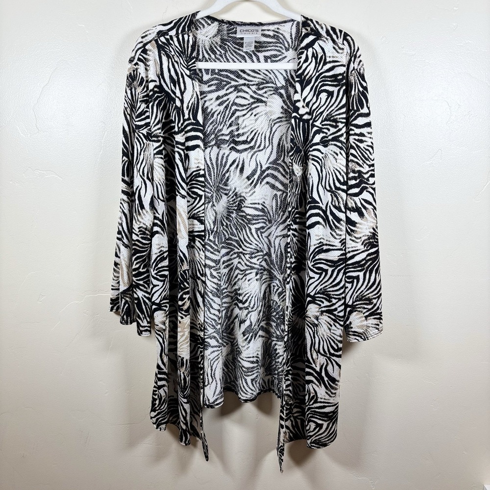 Chicos Travelers Kimono Cardigan‎ Sz 3/XL Zebra Abstract Open Front Maximalist